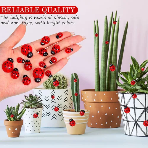 Vista 3 de Hicarer 100 piezas de decoración de mariquita para manualidades, mini resina de mariquita plana, colgantes de epoxi, pequeños adornos con caja