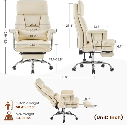 Vista 2 de Ergonomic Home Office Desk Chair, Heavy Duty Executive Chair with Footrest Beige