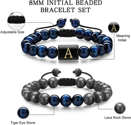 Vista 3 de Pulseras de cuentas con iniciales para hombres, regalos de 0.315 in, ojo de tigre, piedra de lava y roca para hombre, pulsera de cuentas de yoga