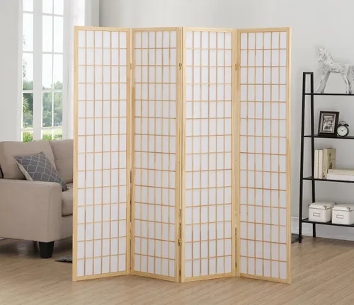 Vista 2 de Roundhill Furniture Oriental Shoji, divisor de habitación con pantalla de 4 paneles, natural