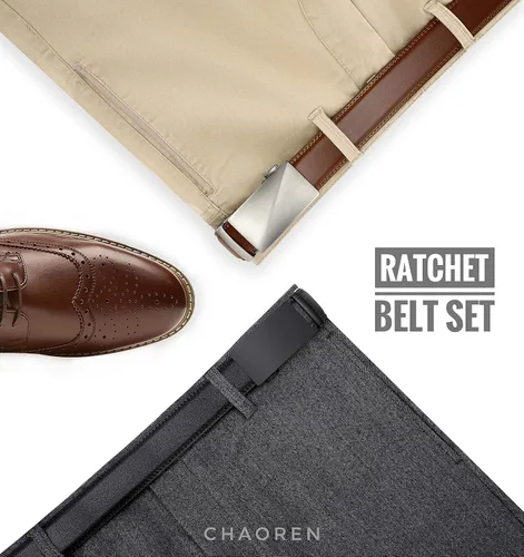 Vista 2 de CHAOREN Cinturones de trinquete para hombre, paquete de 2 Cinturón de cuero para hombre de 1 38 pulgadas en caja de regalo, satisface casi