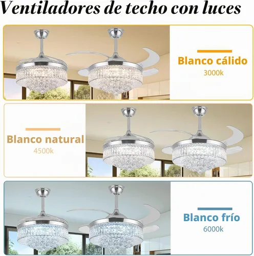 Vista 4 de Ventilador de Techo Invisible de 42" con Lámpara de Araña, Lámpara Moderna de Ventilador de Techo de Cristal con Control Remoto, 4 Aspas Retráctiles