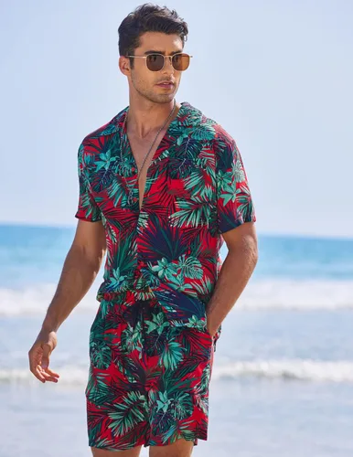 Vista 3 de COOFANDY Conjunto de camisa hawaiana y pantalones cortos para hombre, traje de playa de 2 piezas con sombreros de pescador