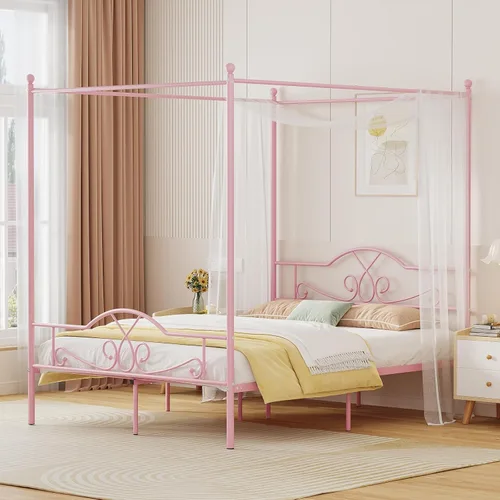 Vista 10 de Weehom - Estructura de cama con dosel individual, con cabecero y pie de cama, cortinas de cuatro postes de metal, diseño de plataforma de cama