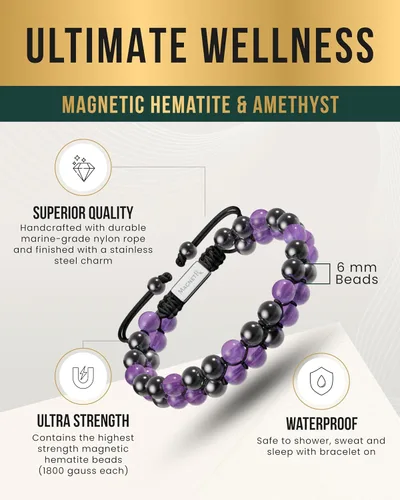 Vista 4 de MagnetRX® Pulsera de hematita y amatista, pulseras magnéticas de hematita de máxima fuerza, pulseras de cuentas moradas con cristales de amatista