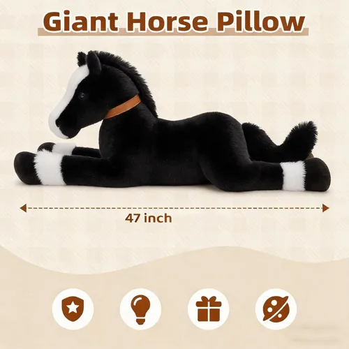 Vista 4 de Tezituor Animales de peluche gigantes de caballo negro de 47 pulgadas, poni de peluche grande realista de 4 pies para niños y niñas, almohada