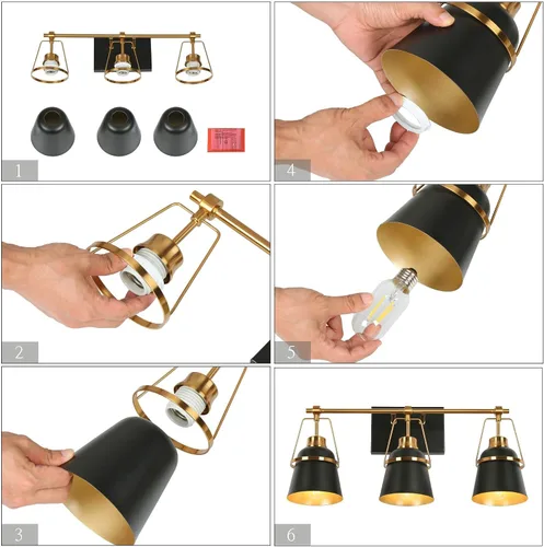 Vista 7 de Lámparas de baño de oro negro, modernas luces de tocador de granja sobre el espejo, 3 luces de cobre dorado con pantalla de metal y artesanía Negro