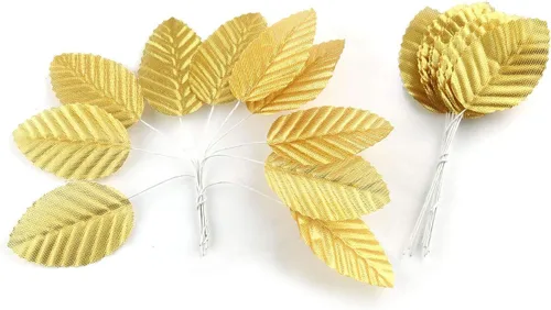 Vista 2 de E-outstanding Hojas de seda, 200 piezas de hojas artificiales doradas, ramillete, accesorio para decoración de fiestas de boda