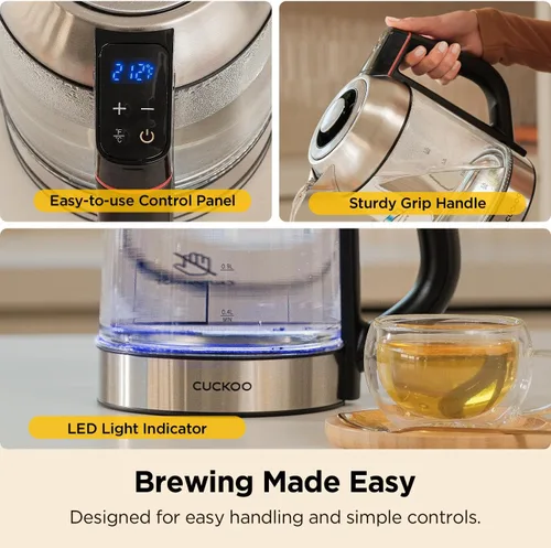 Vista 2 de CUCKOO Hervidor de té eléctrico con infusor, hervidor eléctrico de vidrio con control de múltiples temperaturas, luces LED fáciles de leer, olla