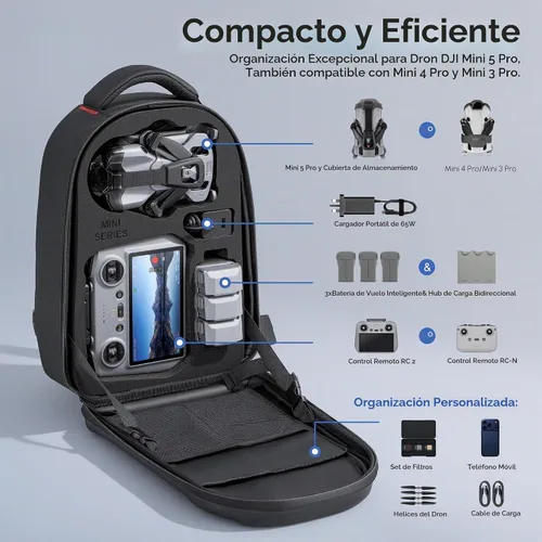 Vista 2 de STARTRC Funda Mini 5 Pro, Mochila de Transporte Rígida Resistente al Agua, Bolsa Grande para Drones que se Ajusta a Portátil de 11 Pulgadas, Mochila