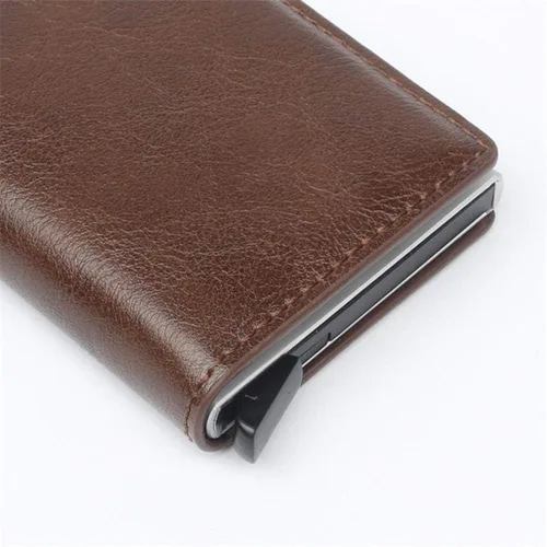 Vista 5 de CHJGLNL Cartera de cuero genuino para hombre, bloqueo RFID, de aluminio, automático, para tarjetas de crédito, café (A-Coffee), Slim