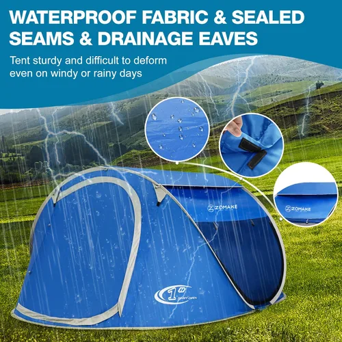 Vista 3 de ZOAMKE - Tienda de campaña fácil desplegable para 2 a 4 personas, impermeable, tienda de campaña emergente automática para acampar Azul 3-4 Persona