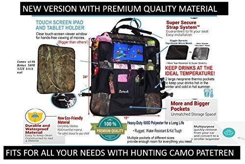 Vista 2 de Organizador de asiento trasero de automóvil de camuflaje de caza y alfombrillas para iPad/tablet (24 x 19 pulgadas), bolsas de almacenamiento