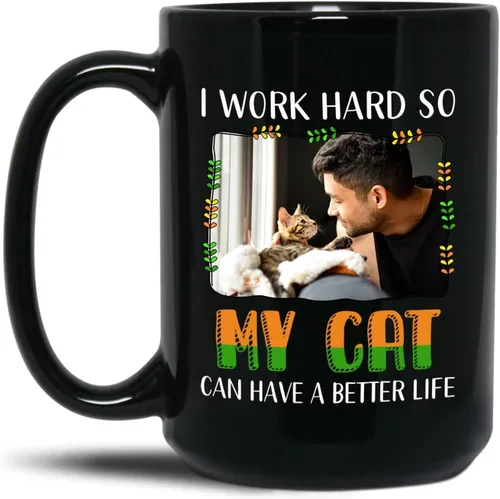 Vista 13 de Taza de cerámica negra personalizada para elegir nombre y foto con texto en inglés "Best Cat Dad Ever Just Ask", taza de café personalizada de 11