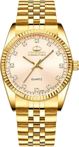 Vista 3 de DREAMING Q&P Fq-043 Clásico Oro Acero Inoxidable Masculino Femenino Cristales Cuarzo Relojes de Pulsera para Hombre Mujer Oro