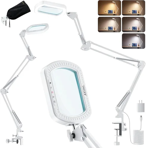 Vista 8 de Lupa Rectangular 10X con Luz, 3 Brazos 5 Modos de Color, Lupas Grandes con Abrazadera, Lámpara de Escritorio Iluminada con Lupa de Manos Libres