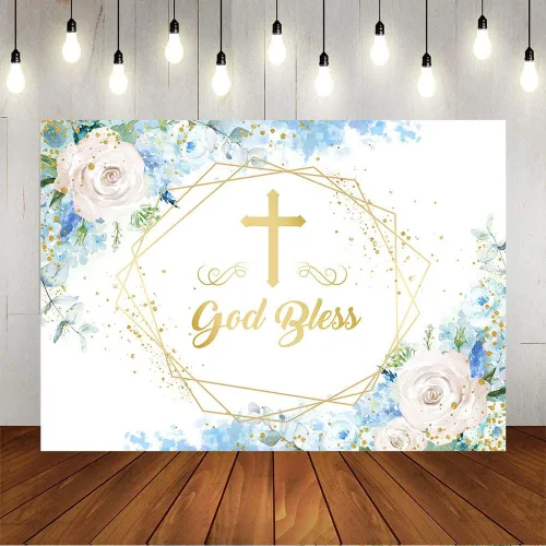 Vista 2 de Avezano Telón de fondo azul con texto en inglés "Boy God Bles", fondo floral azul para baby shower, para primera comunión, decoración de baby shower