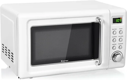 Vista 11 de COSTWAY horno microondas de encimera, 0.7 pies cúbicos, hornos microondas con 5 niveles de micro potencia, función de inicio diferido, plato