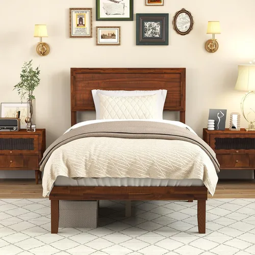 Vista 4 de KOMFOTT Base de cama de madera tamaño twin con cabecero, base de cama de plataforma de madera de acacia sólida, base de cama soportada por listones