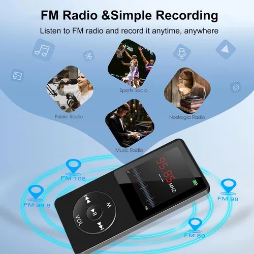 Vista 6 de Reproductor de MP3 con Bluetooth 5.0, pantalla de 1.8 pulgadas, reproductor de música portátil con altavoz HD, música HiFi compatible con radio FM
