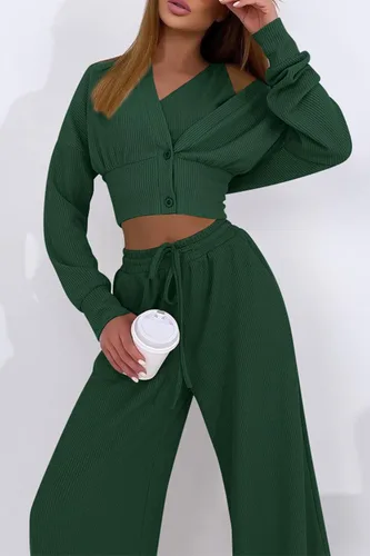 Vista 3 de PRETTYGARDEN Trajes de 3 piezas para mujer, conjuntos a juego, cárdigan de punto acanalado, camisetas sin mangas, pantalones de pierna ancha