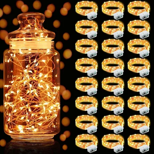 Vista 50 de Aogist Paquete de 24 luces de hadas, 3 modos, 2,1 metros, 20 luces LED, impermeables, cable plateado, funcionan con pilas, mini luces de alambre