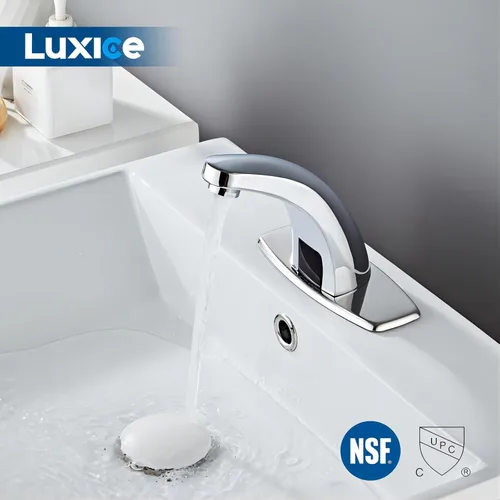 Vista 2 de Grifo de lavabo de baño sin contacto con sensor de movimiento automático, manos libres, grifos comerciales cromados con válvula mezcladora