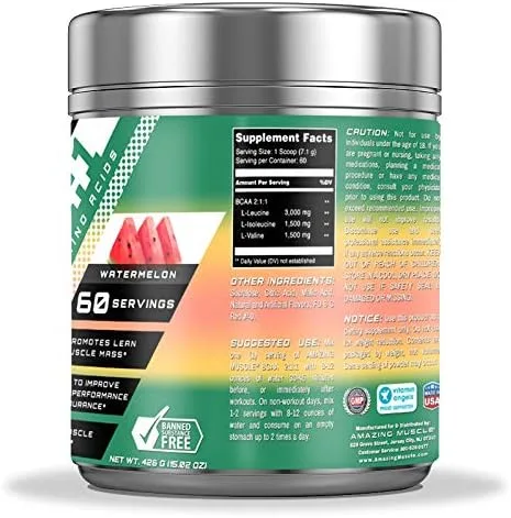 Vista 3 de Amazing Muscle BCAA 2:1:1 Suplemento de aminoácidos de cadena ramificada 6000 mg por porción 60 porciones Sabor a sandía