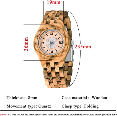 Vista 6 de Reloj ligero de cuarzo de madera para mujer, reloj analógico de cuarzo, correa de madera con cierre plegable, relojes de madera para mujer