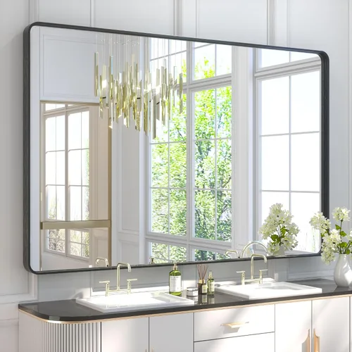 Vista 88 de Espejo de marco dorado cepillado de 16 x 24 pulgadas, espejo de tocador de baño de latón dorado para pared, espejo enmarcado rectangular de esquina