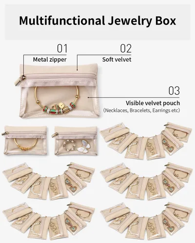 Vista 5 de Vlando 33 piezas de joyería de viaje, bolsa de terciopelo para joyas con cremallera, bolsa de joyería de viaje transparente, organizador de viaje