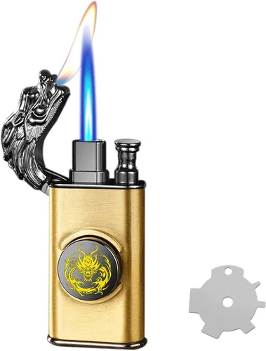 Vista 9 de Encendedor de antorcha, diseño de cocodrilo en relieve, encendedor mágico de doble llama con herramienta de llama de ajuste, encendedores de butano