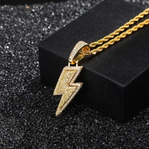 Vista 7 de KMASAL Jewelry Iced Out Lightning Pendant Necklace 18K Gold Plated Bling CZ Simulated Diamond Hip Hop Rapper Chain Necklace for Men Women