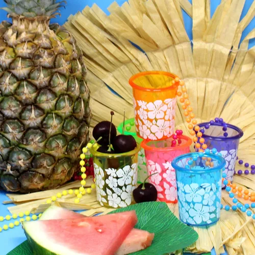 Vista 7 de Fun Express Collares hawaianos de cristal de chupito Luau a granel, 12 unidades de hibisco hawaiano Luau, recuerdos de fiesta hawaiana, Hula Aloha
