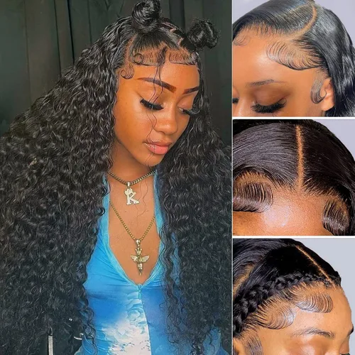 Vista 16 de Pelucas de encaje frontal sin pegamento con onda de agua para mujer, cabello humano 180 de densidad, cabello virgen brasileño sin procesar
