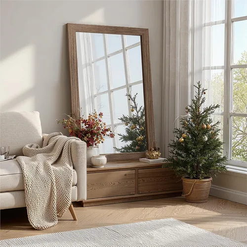 Vista 7 de Espejo de baño para pared con marco de madera, 30"x20" espejo de tocador rústico de granja con marco de madera maciza, espejo rectangular