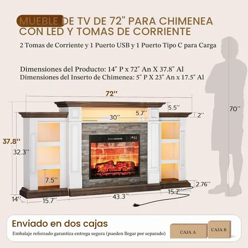 Vista 8 de Soporte de TV con chimenea de 72 pulgadas con toma de corriente y LED, chimenea eléctrica con repisa, centro de entretenimiento con almacenamiento