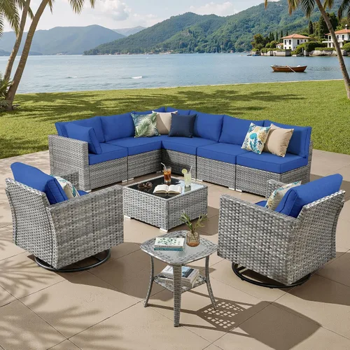 Vista 44 de ovios Juego de muebles de patio al aire libre de 5 piezas con mesa de café, conjunto seccional de muebles de patio con sofá de mimbre para todo tipo