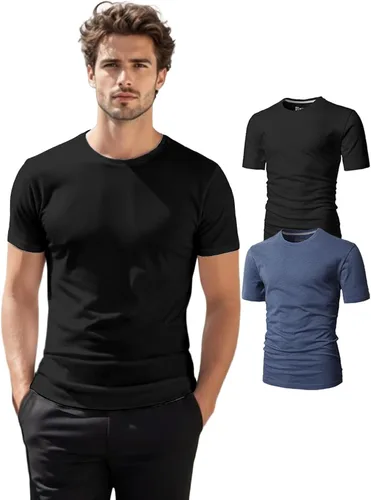 Vista 31 de H2H Camisetas para hombre - Pack de varias unidades, diseño simple, manga corta, ajuste delgado, mezcla de algodón (cuello en V/cuello redondo)