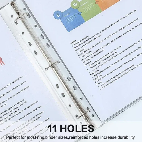 Vista 4 de Protectores de Hojas, HERKKA Paquete de 200 Protectores de Páginas de Plástico Transparente Mejorados Reforzados con 11 Agujeros para Carpetas de 3