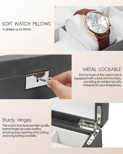 Vista 9 de GUKA Caja de 10 ranuras para reloj, vitrina organizadora de cristal real, con estuche de lujo para hombres y mujeres, regalo