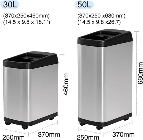Vista 6 de ELLO&ALLO Bote de basura de cocina de 13 galones con tapa enrollable, sensor de movimiento automático sin contacto rectangular con ruedas, acabado