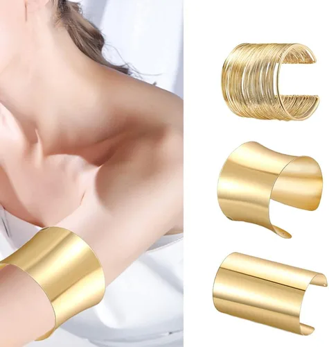 Vista 5 de SAMOCO 7 piezas de brazalete para mujer, brazalete de oro abierto, ancho ancho, brazalete ajustable, brazalete de muñeca, Sin gema