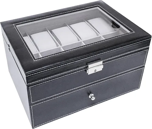 Vista 5 de Sodynee Caja superior brillante de cuero sintético de 20 cuadrículas, organizador de exhibición de relojes de joyería, caja superior grande