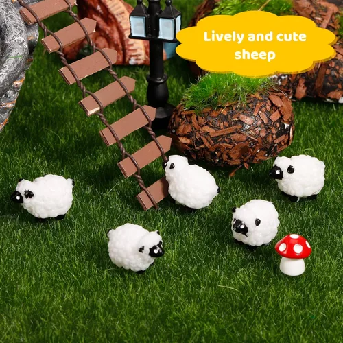 Vista 6 de 100 mini figuras de oveja blanca en miniatura de resina de ovejas pequeñas, lindas figuritas pequeñas de hada al aire libre, adornos de musgo, Negro