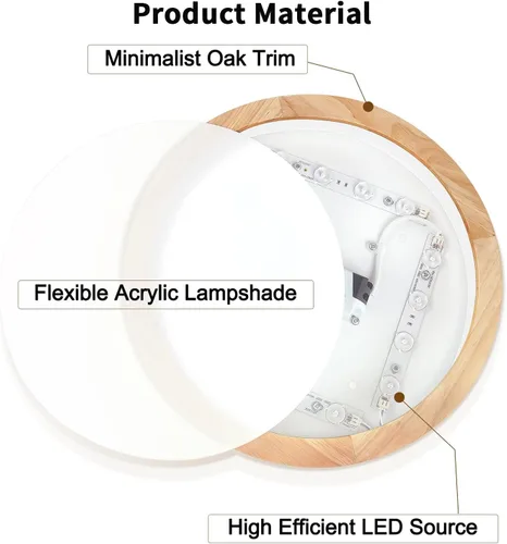 Vista 2 de Lámpara de Techo LED Empotrada: 12 Pulgadas 24W Luminaria de Dormitorio de Madera con Lámparas de Techo Redondas Modernas Planas Aéreas Minimalistas