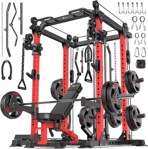 Vista 17 de Power Rack Power Cage Rack multifunción para sentadillas con sistema cruzado de cable seleccionable más accesorio de entrenamiento para garaje