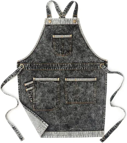 Vista 10 de Jeanerlor - Delantales de trabajo de mezclilla con bolsillos para mujeres y hombres, correas cruzadas y ajustables de S a XXXL, Negro
