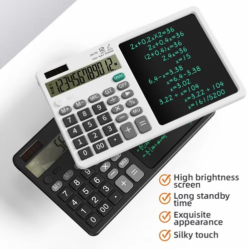 Vista 3 de Calculadora de escritorio con pizarra borrable, pantalla ancha de 12 dígitos, bloc de notas LCD reutilizable de más de 100,000, función de borrado