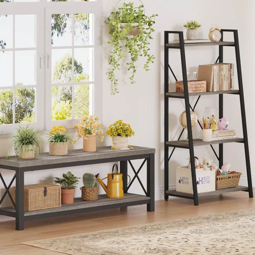 Vista 6 de BON AUGURE - Estantería de escalera, estante de 4 niveles, estantería de madera inclinada para libros para sala de estar, dormitorio, unidad